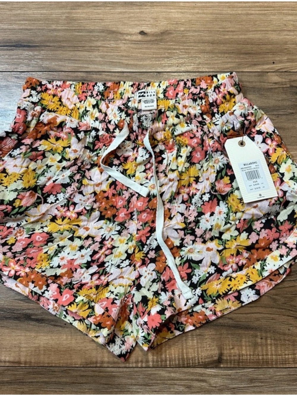 Billabong Floral Drawstring Athletic Shorts - Pink, Yellow, White, Black